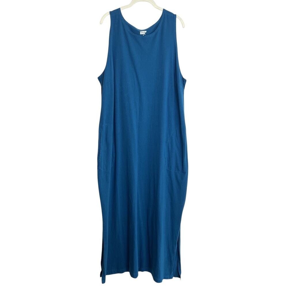 Lands End Cotton Sleeveless Maxi Dress 1X Dark Teal Pockets Side Slits